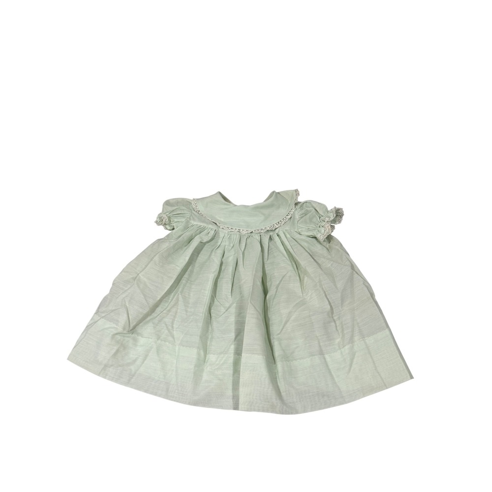 Vintage Pale Green Baby Dress Lace Trim Peter Pan Collar Puffed Sleeve 3T?